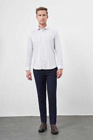 Beyaz Uzun Kol Çizgili Desen Gabardin Sert Yaka Cepsiz Pamuklu Classic Slim Fit Gömlek 1004245205