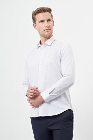 Beyaz Uzun Kol Çizgili Desen Gabardin Sert Yaka Cepsiz Pamuklu Classic Slim Fit Gömlek 1004245205
