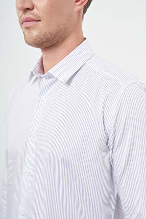 Beyaz Uzun Kol Çizgili Desen Gabardin Sert Yaka Cepsiz Pamuklu Classic Slim Fit Gömlek 1004245205