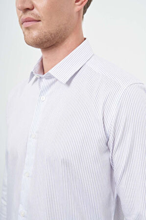 Beyaz Uzun Kol Çizgili Desen Gabardin Sert Yaka Cepsiz Pamuklu Classic Slim Fit Gömlek 1004245205
