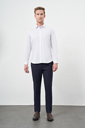 Beyaz Uzun Kol Çizgili Desen Gabardin Sert Yaka Cepsiz Pamuklu Classic Slim Fit Gömlek 1004245205