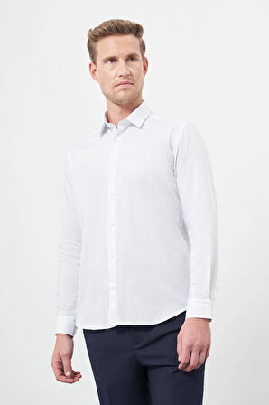 Beyaz Uzun Kol Çizgili Desen Gabardin Sert Yaka Cepsiz Pamuklu Classic Slim Fit Gömlek 1004245205