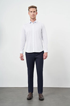 Beyaz Uzun Kol Çizgili Desen Gabardin Sert Yaka Cepsiz Pamuklu Classic Slim Fit Gömlek 1004245205