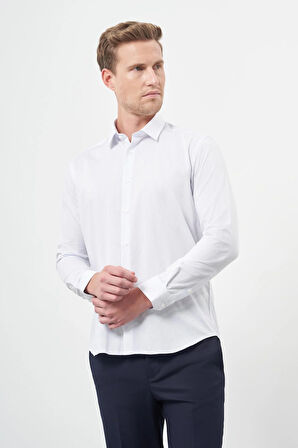 Beyaz Uzun Kol Çizgili Desen Gabardin Sert Yaka Cepsiz Pamuklu Classic Slim Fit Gömlek 1004245205