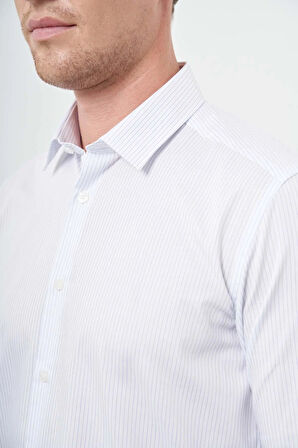 Beyaz Uzun Kol Çizgili Desen Gabardin Sert Yaka Cepsiz Pamuklu Classic Slim Fit Gömlek 1004245205