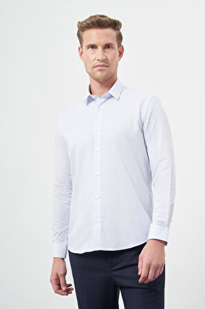 Beyaz Uzun Kol Çizgili Desen Oxford Sert Yaka Cepsiz Pamuklu Classic Slim Fit Gömlek 1004245206