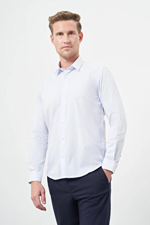 Beyaz Uzun Kol Çizgili Desen Oxford Sert Yaka Cepsiz Pamuklu Classic Slim Fit Gömlek 1004245206