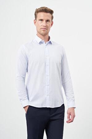 Beyaz Uzun Kol Çizgili Desen Oxford Sert Yaka Cepsiz Pamuklu Classic Slim Fit Gömlek 1004245206