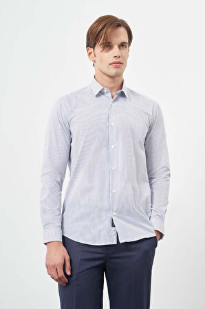 Beyaz Uzun Kol Çizgili Desen Gabardin Sert Yaka Cepsiz Pamuklu Classic Slim Fit Gömlek 1004245207
