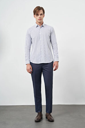 Beyaz Uzun Kol Çizgili Desen Gabardin Sert Yaka Cepsiz Pamuklu Classic Slim Fit Gömlek 1004245207