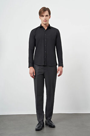 Siyah Uzun Kol Düz Bez Ayağı Yarım İtalyan Yaka Cepsiz Pamuklu Classic Slim Fit Gömlek 1004245211
