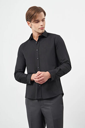 Siyah Uzun Kol Düz Bez Ayağı Yarım İtalyan Yaka Cepsiz Pamuklu Classic Slim Fit Gömlek 1004245211