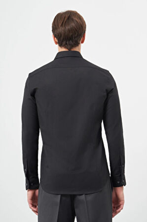 Siyah Uzun Kol Düz Bez Ayağı Yarım İtalyan Yaka Cepsiz Pamuklu Classic Slim Fit Gömlek 1004245211