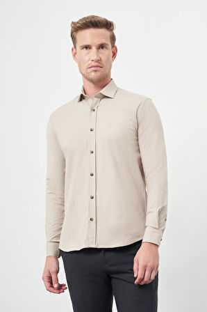Bej Uzun Kol Düz Bez Ayağı Yarım İtalyan Yaka Cepsiz Pamuklu Classic Slim Fit Gömlek 1004245211