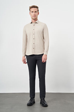 Bej Uzun Kol Düz Bez Ayağı Yarım İtalyan Yaka Cepsiz Pamuklu Classic Slim Fit Gömlek 1004245211
