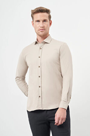 Bej Uzun Kol Düz Bez Ayağı Yarım İtalyan Yaka Cepsiz Pamuklu Classic Slim Fit Gömlek 1004245211