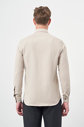 Bej Uzun Kol Düz Bez Ayağı Yarım İtalyan Yaka Cepsiz Pamuklu Classic Slim Fit Gömlek 1004245211