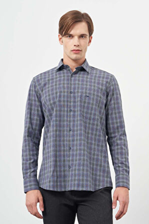 Koyu Haki Uzun Kol Ekose Desen Bez Ayağı Sert Yaka Cepli Pamuklu Classic Comfort Fit Gömlek 1004245212