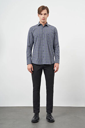 Koyu Haki Uzun Kol Ekose Desen Bez Ayağı Sert Yaka Cepli Pamuklu Classic Comfort Fit Gömlek 1004245212