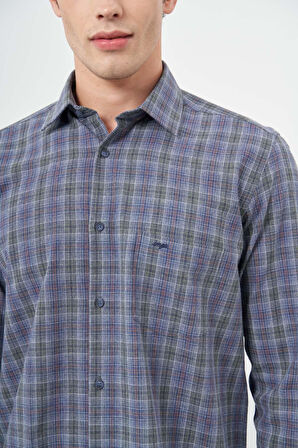 Koyu Haki Uzun Kol Ekose Desen Bez Ayağı Sert Yaka Cepli Pamuklu Classic Comfort Fit Gömlek 1004245212