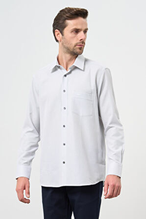 Gri Uzun Kol Kendinden Desenli Bez Ayağı Sert Yaka Cepli Pamuklu Classic Comfort Fit Gömlek 1004245213
