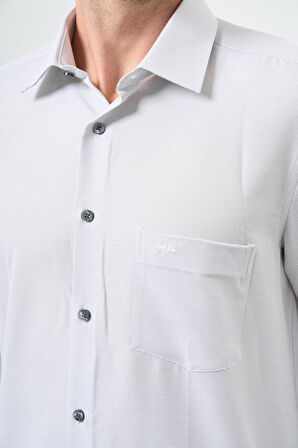 Gri Uzun Kol Kendinden Desenli Bez Ayağı Sert Yaka Cepli Pamuklu Classic Comfort Fit Gömlek 1004245213