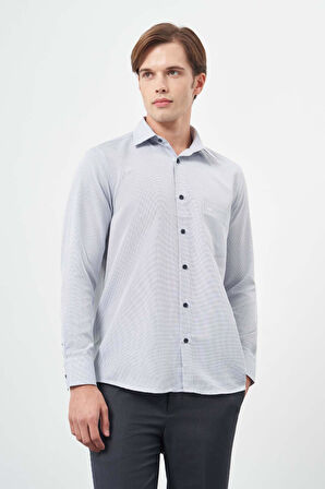 Koyu Lacivert Uzun Kol Kendinden Desenli Bez Ayağı Sert Yaka Cepli Pamuklu Classic Comfort Fit Gömlek 1004245213