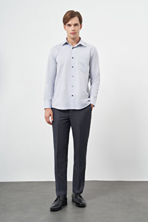 Koyu Lacivert Uzun Kol Kendinden Desenli Bez Ayağı Sert Yaka Cepli Pamuklu Classic Comfort Fit Gömlek 1004245213