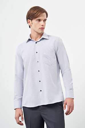 Koyu Lacivert Uzun Kol Kendinden Desenli Bez Ayağı Sert Yaka Cepli Pamuklu Classic Comfort Fit Gömlek 1004245213