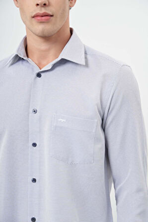 Koyu Lacivert Uzun Kol Kendinden Desenli Bez Ayağı Sert Yaka Cepli Pamuklu Classic Comfort Fit Gömlek 1004245213