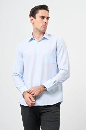 Mavi Uzun Kol Kendinden Desenli Bez Ayağı Sert Yaka Cepli Pamuklu Classic Comfort Fit Gömlek 1004245213