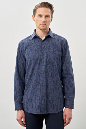 Koyu Lacivert Uzun Kol Baskılı Bez Ayağı Sert Yaka Cepli Pamuklu Classic Comfort Fit Gömlek 1004245214