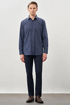 Koyu Lacivert Uzun Kol Baskılı Bez Ayağı Sert Yaka Cepli Pamuklu Classic Comfort Fit Gömlek 1004245214