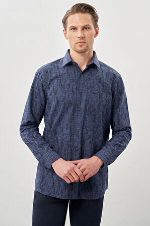 Koyu Lacivert Uzun Kol Baskılı Bez Ayağı Sert Yaka Cepli Pamuklu Classic Comfort Fit Gömlek 1004245214