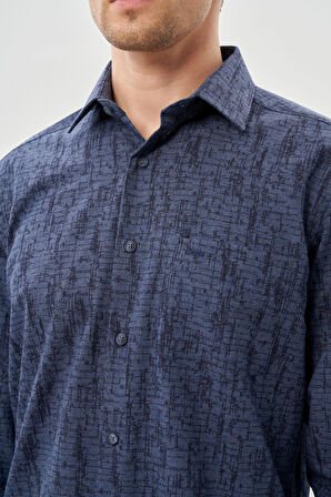 Koyu Lacivert Uzun Kol Baskılı Bez Ayağı Sert Yaka Cepli Pamuklu Classic Comfort Fit Gömlek 1004245214