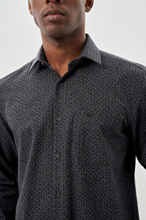 Siyah Uzun Kol Baskılı Bez Ayağı Sert Yaka Cepli Pamuklu Classic Comfort Fit Gömlek 1004245215