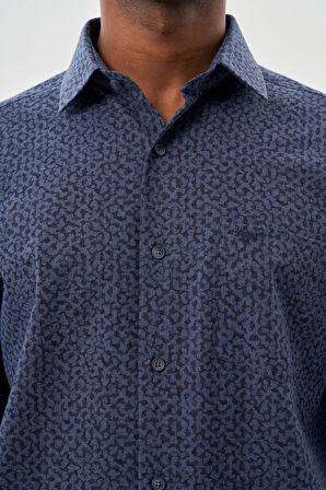 Koyu Lacivert Uzun Kol Baskılı Bez Ayağı Sert Yaka Cepli Pamuklu Classic Comfort Fit Gömlek 1004245215