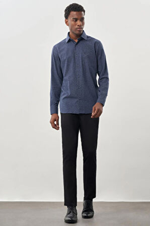 Koyu Lacivert Uzun Kol Baskılı Bez Ayağı Sert Yaka Cepli Pamuklu Classic Comfort Fit Gömlek 1004245215