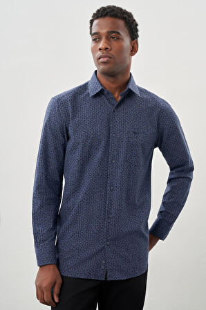 Koyu Lacivert Uzun Kol Baskılı Bez Ayağı Sert Yaka Cepli Pamuklu Classic Comfort Fit Gömlek 1004245215