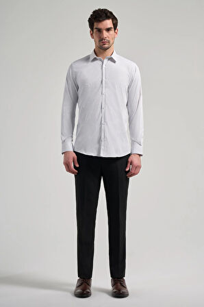 Beyaz Uzun Kol Desen Yarım İtalyan Yaka Cepsiz esnek Classic Slim Fit Gömlek 1004245217