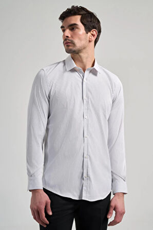 Beyaz Uzun Kol Desen Yarım İtalyan Yaka Cepsiz esnek Classic Slim Fit Gömlek 1004245217