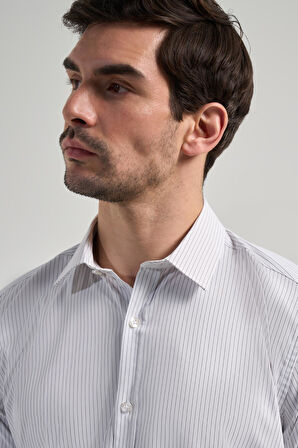 Beyaz Uzun Kol Desen Yarım İtalyan Yaka Cepsiz esnek Classic Slim Fit Gömlek 1004245217