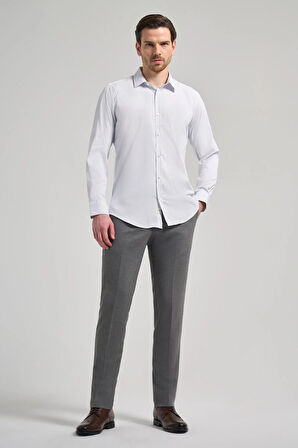 Beyaz Uzun Kol Desen Yarım İtalyan Yaka Cepsiz esnek Classic Slim Fit Gömlek 1004245217
