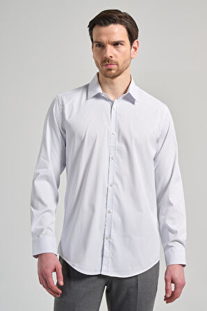 Beyaz Uzun Kol Desen Yarım İtalyan Yaka Cepsiz esnek Classic Slim Fit Gömlek 1004245217