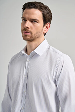 Beyaz Uzun Kol Desen Yarım İtalyan Yaka Cepsiz esnek Classic Slim Fit Gömlek 1004245217