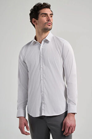 Beyaz Uzun Kol Desen Yarım İtalyan Yaka Cepsiz esnek Classic Slim Fit Gömlek 1004245218
