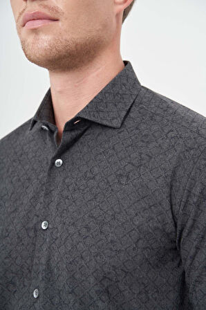 Siyah Uzun Kol Baskılı Bez Ayağı Yarım İtalyan Yaka Cepsiz Pamuklu Classic Slim Fit Gömlek 1004245222