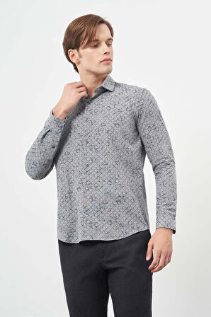 Füme Uzun Kol Baskılı Bez Ayağı Yarım İtalyan Yaka Cepsiz Pamuklu Classic Slim Fit Gömlek 1004245222