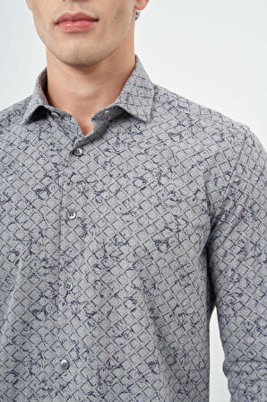 Füme Uzun Kol Baskılı Bez Ayağı Yarım İtalyan Yaka Cepsiz Pamuklu Classic Slim Fit Gömlek 1004245222