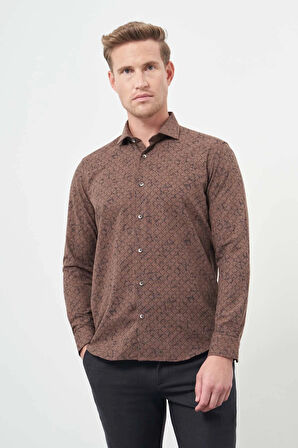 Koyu Kahverengi Uzun Kol Baskılı Bez Ayağı Yarım İtalyan Yaka Cepsiz Pamuklu Classic Slim Fit Gömlek 1004245222